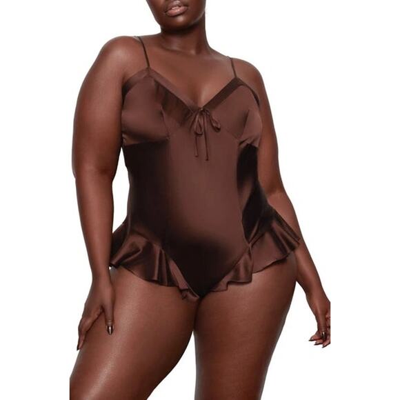 NWT Skims Bodysuit Silk Spandex Teddy Cocoa Chocolate Brown 2X Lingerie - Picture 1 of 9
